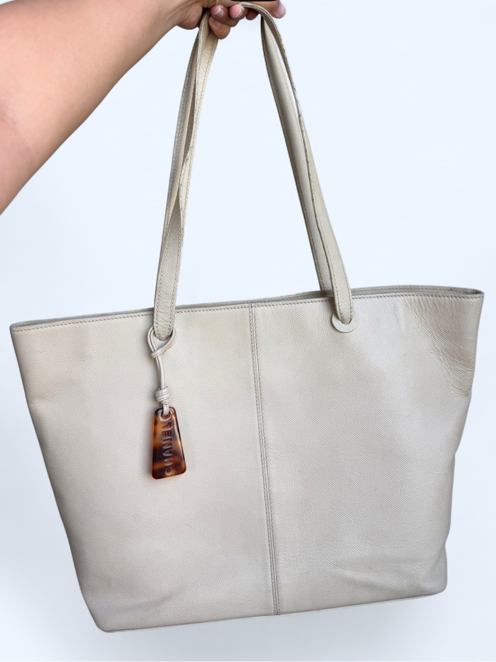 RARE Auth Chanel Calfskin Caviar Leather Shopping Tote Bag Cream Ivory Tortoise